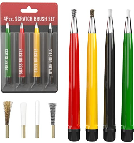 Pixiss Scratch Brush Pen Set With Replacement Tips, Fiberglass, Steel, Brass, Nylon, 5-inches Pen Style Prep Sanding Brush 4-Pack For Corrosion, Rust, Jewelry, Circuit Boards and Auto Body Work