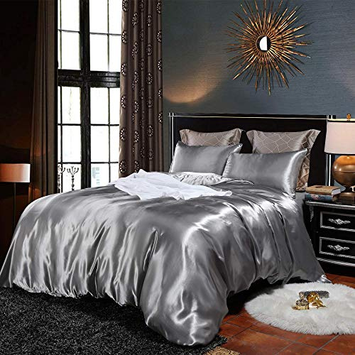 Loussiesd Hotel Grey Comforter Cover King Silk Like Satin Bedding Set Summer Reversible Quilt Duvet Cover Honeymoon Sexy Luxury Soft Lightweight Brushed Bedspreads for Farmhouse Room Decor