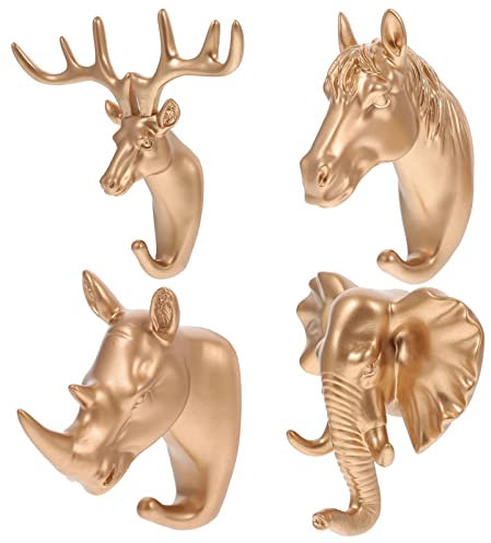 TOPBATHY 4pcs Tier Kleiderhaken Wandhaken Wandgarderobe Huthaken Garderobenhaken Tierkopf Hirschkopf Wanddeko für Wand Tür Außen Innen Balkon Garten Gold Deko Hirsch Pferd Nashorn Elefant