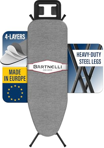 Bartnelli by Rorets Ironing Board Made in Europe | Iron Board with 4 Layered Cover & Pad, Height Adjustable up to 36 Features A Safety Iron Rest, 4 Steel Legs, for Laundry Room or Dorm Use (43x13)