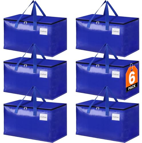 StorageRight Moving Bags-Heavy Duty Moving Boxes, Storage Totes with Zipper, Reinforced Handles and Tag Pocket-Collapsible Moving Supplies for moving, Storage and Travel 93L(Blue-6 Pack)