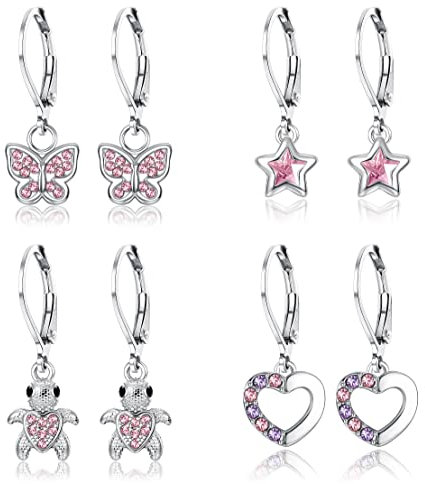 JeweBella 4Paar Ohrringe Hängend Mädchen Kinder Damen mit Zirkonia Ohrhänger Chirurgenstahl Hypoallergene mit Herz Blume Stern Schildkröte Knorpel Tragus Piercing Set