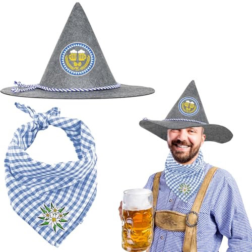 CHALA Oktoberfest Filzhut Set Bayern Trachtenhut mit Quadrat Schal Premium Trachtenhut Bayerischer Seppelhut Oktoberfest Filz Hut Bayerisch Kostüm Zubehör Oktoberfest Geschenk für Bier Festival