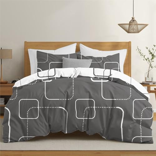 Dreamzie Påslakan 200x220 cm med 2 örngott 80x80 cm, Grå Vit Geomönster, 200x220 Bäddset med dragkedja, Dubbelsänglinne, Oeko TEX | Geo gråvit · Sängkläder 140 x 200 · ultramjuk mikrofiber - vändbar design - dragkedja · OEKO-TEX
