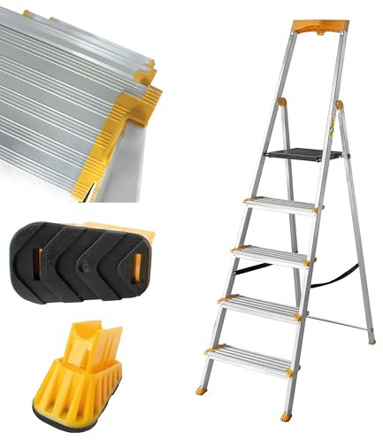 DRABEST Escabeau 5 Marches Pliable - Échelle en Aluminium - Escabeau Pliant avec Porte-Outils et Marches Extra Larges 120 mm avec Surface Antidérapante - Capacité de Charge 150 kg