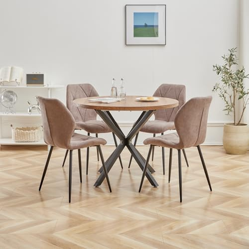 DEYARNA HOME Matgrupp set bord och stolar, 100 cm runt matbord och 4 linnematstolar, 4 stolar och bord för kök, matsal och vardagsrum (brun-LX, 100 x 100 x 76,5 cm (mörk träfärg))