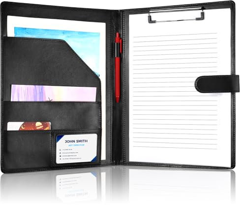 Klemmbrett A4 mit Deckel, PU-Leder Klemmbrettmappe Schreibmappe Klemmbrett mit Schreibblock Dokumentenfächern Stifthalter Magnetverschluss Konferenzmappe A4 für Bürobedarf Schule (Schwarz)