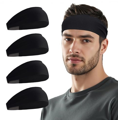 Sukeen Cooling Sports Headbands for Men 4 Pack: Instant Cooling Moisture Wicking Sweatbands Non-Slip, Quick-Dry Elastic Mens Headband for Gym, Running, Cycling, Training & Workout, Black