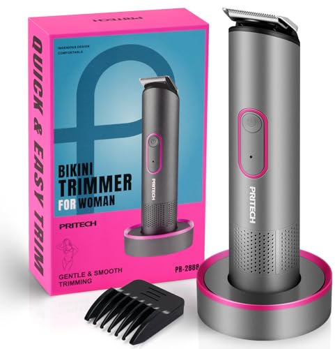 PRITECH Bikini Trimmer for Women - Rechargeable Pubic Hair Trimmer for Sensitive Skin, Wet&Dry Use, Pain-Free Electric Razor&Shaver with Standing Recharge Dock, Ideal Gift for Women, Slate Grey
