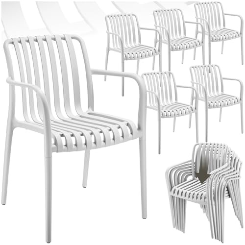 tectake® Juego de 6 Sillas de Jardín con Reposabrazos, Apilables, Resistentes a la Intemperie, Ligeras, Cap. Carga 120 kg, Juego Muebles Jardín, Juego Bistró, Sillones Terraza y Patio – Crema