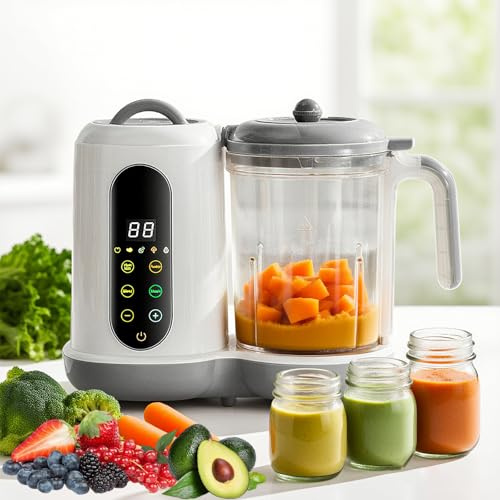SH-RuiDu Máquina automática de alimentos para bebés 4 en 1, procesador de alimentos casero multifuncional de 450 W con vaporizador, licuadora de puré, 4 menús preestablecidos, control de pantalla