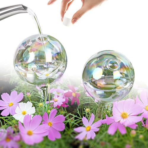 shallyong Lot de 2 Boules d'arrosage en Verre, Automatique Dispositif D'irrigation pour Plante Fleur D'intérieur et D'extérieur, Décoration D'intérieur et Jardin (Bulles Irrisé)
