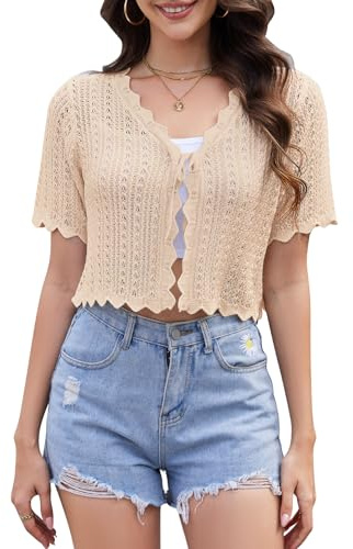 YUURQTY Gilet Femme Chic et Elégant, Cardigan Court en Tricot Ajouré à Manches Courtes avec Nœud Frontal, Boléro Crochet Femme Été pour Robe Mariage Top Casual