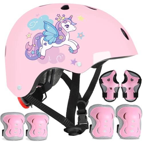 Einhorn Kinder Fahrradhelm Kinderhelm für Mädchen Jungen Skaterhelm Radhelm Verstellbarer mit Kinder Knieschoner Schoner Ellenbogenschützer für Fahrrad Roller Inlineskaten 48-56 cm 3-12 Jahre