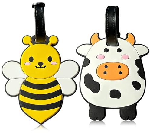 Shalve Lot de 2 étiquettes de bagage Silicone, Design Vache & Abeille, Imperméable avec Fiche d’Identification – Pour Valise, Sac à Dos, Sac de Voyage – Idéal en Cadeau
