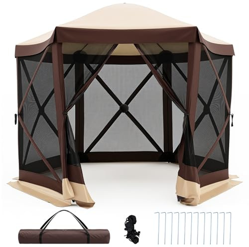 COSTWAY Tonnelle Pop-up avec Moustiquaire, Tente de Réception Pliante pour 4-6 Personnes, Barnum Gazebo de Jardin avec Toit Oxford, Abri Extérieur Hexagonale pour Camping Fête (295 x 295 x 220 cm)