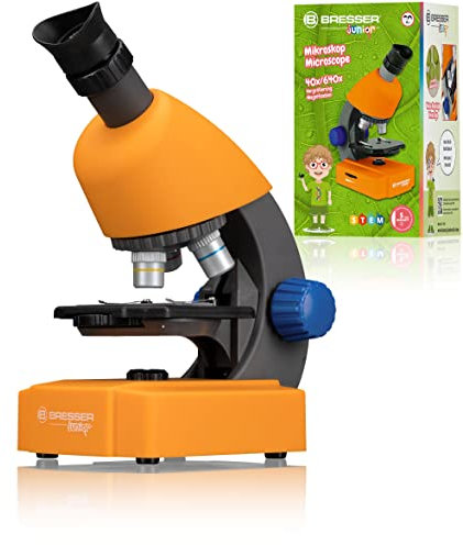 Bresser Junior Mikroskop 40x-640x mit LED-Durchlichtbeleuchtung mit Batteriebetrieb für Kinder und Einsteiger, orange