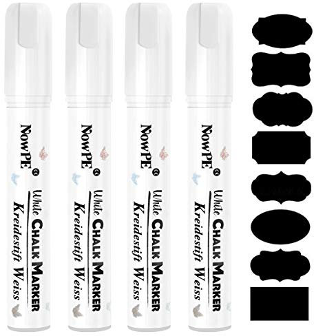 NowPE Kreidestift Weiß, 4 Stück Kreidemarker Weiss 10mm + 16 Tafel Labels, 10mm Dicke Stiftspitze und Tinte auf Wasserbasis, Trocken oder Feucht Abwaschbar für Tafelfolie, Tafel, Wand, Fenster, Glas