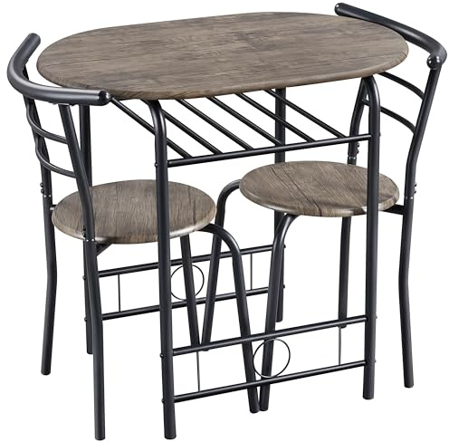 Yaheetech Set Mobili da Bar Tavolo e 2 Sedie Sala da Pranzo Cucina Piccoli Spazi Salvaspazio Balcone per 2 Persone in Legno e Metallo Sedia Portata 136 kg Marrone