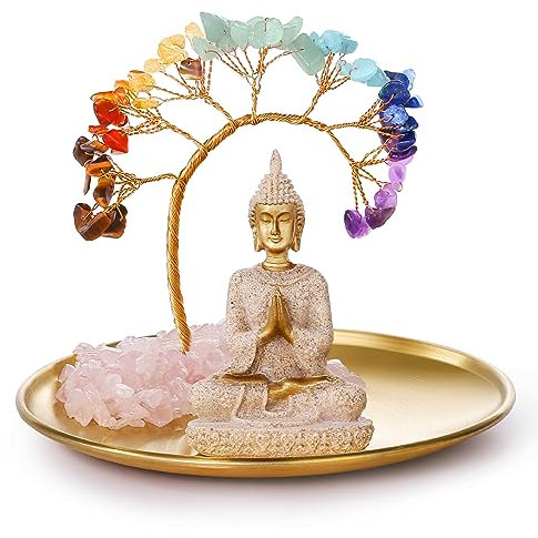 INNOLITES 7 Chakra Kristall Baum und Buddha Statue Set, Yoga Meditation Dekor, Geldbaum und Buda Statue für Zuhause Wohnzimmer Büro Regal Dekor Reichtum und Glück