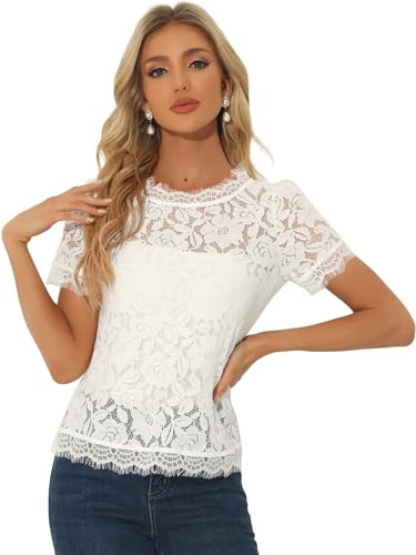 Allegra K Women's Dirndl Blouse Top Short Sleeve Transparent Round Neck Ruffle Flowers Lace Blouse Shirt, White, XS