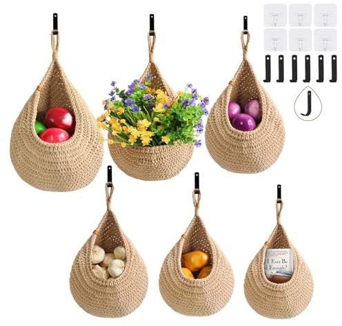 LOCS MICRAI Hanging Fruit Baskets for Kitchen - 6 Pack Boho Wall Hanging Basket,Handwoven Wall Fruits Basket,for Garlic Potato Vegetable Onion Teardrop Home Hanging Storage Baskets(Brown Classic)