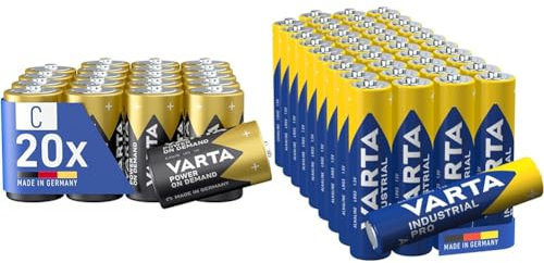 VARTA Power on Demand C Baby Batteries (20-pack, economy pack - smart, flexible and powerful & Industrial Pro AAA Micro Alkaline Batteries LR03-40-pack, Made in Germany