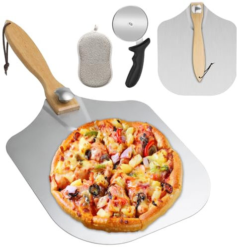 Pizza Peel, 14 x 12 in Food Grade Aluminum Pizza Paddle, Pizza Shovel with Cutter Wheel, Foldable Wooden Handle Easy Detachable Storage, Oven Accessories for Homemade Baking Dough Pizza Bread Cakes