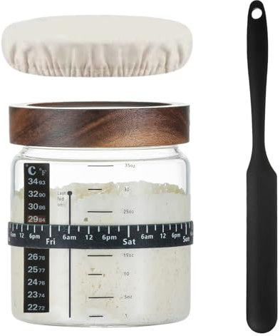 1 bocal à levain de 992,2 g avec thermomètre à ligne d'échelle, couvercle en tissu, couvercle en bois, pot de levain à large ouverture pour levain, pain, cuisson pour ingrédients tels que les cookies