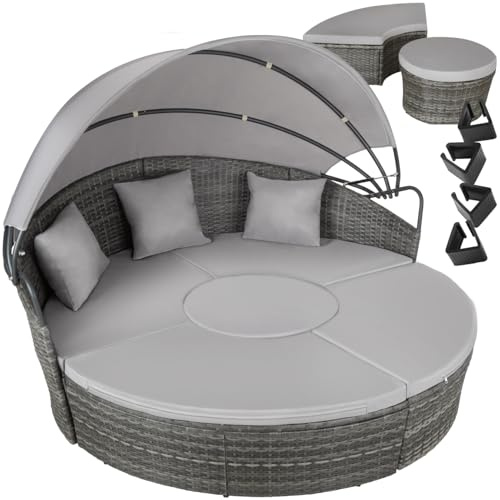 tectake® Isla de Ratán con Cojines, Conjunto Jardín con Toldo Corredizo Plegable, Muebles Jardín Exterior con Estructura en Acero y Resistente a Rayos UV, Conjunto Terraza Combinable - Gris