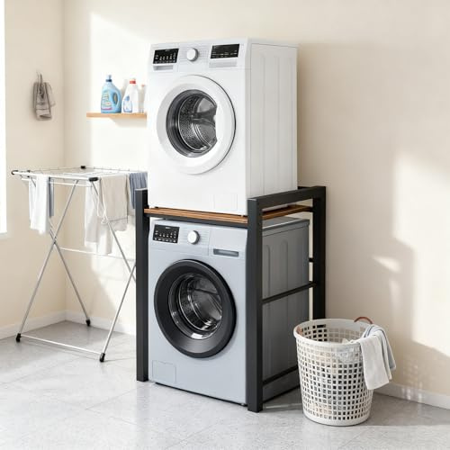 Meuble Machine à Laver et Seche Linge, 3 Réglable en Hauteur, Kit d'empilage pour Lave-Linge et Sèche-Linge à Chargement Frontal, Meuble Machine à Laver, Capacité Charge 300kg (Nori)