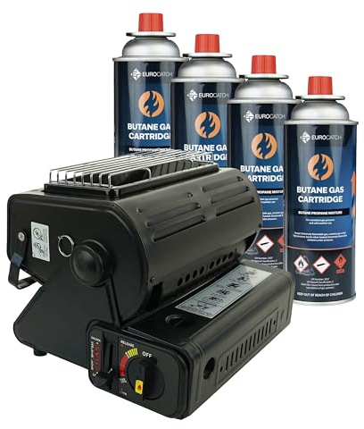 Eurocatch Calefactor de gas - Incl. 4 Bombonas de gas - Estufa - Calentador de patio - Calentador Portátil - Ajustable - Butane