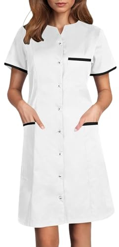 Blouse Infirmiere Femme Tunique Médicale Femme Col en V Manche Courte Uniforme De Travail Robe D'infirmière Uniforme De Travail Tenue Aide Soignante Professionnelle avec Poches (02 White, XL)