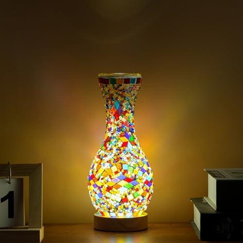 Maimeili retro turkisk mosaikvas lampa turkisk marockansk bord färgglad handgjord glasvas med träbas för blommor USB-laddning, dekorlampa för sovrum, omgivande vardagsrum bondgård