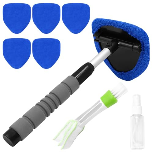 JJYHEHOT Cepillo Limpiador Parabrisas Ventanas de Coche, Kit Limpieza Coche Extensible, Cepillo Lavar Coche Incluye 6 Almohadillas de Microfibra, 1 Pulverizador y 1 Cepillo Doble Cabeza