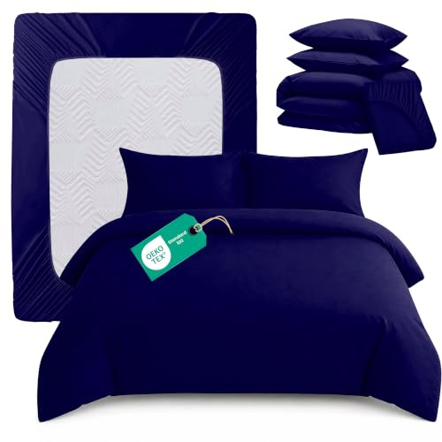 Linens World Double Duvet Cover Set 4 Piece – OEKO-TEX Certified Ultra Soft Brushed Microfiber Bedding Set with 26cm Deep Fitted Sheet & 2 Pillowcases, Button Closure, (Navy, 200x200 cm)