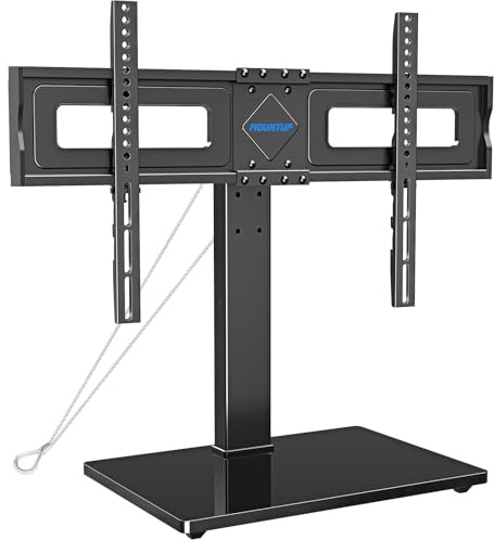 MOUNTUP Universal TV Stand, Table Top TV Stands for 37 to 65, 70, 75 Inch Flat Screen TVs, Height Adjustable, Tilt, Swivel TV Mount with Tempered Glass Base Hold up to 88lbs, Max VESA 600x400mm MU0031