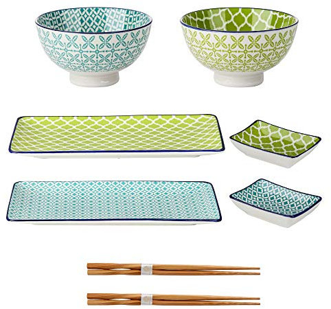 vancasso, série Macaron, Service à Sushi en Porcelaine pour 2 Personnes, 2 Assiettes Longues, 2 Bols à Soupe, 2 Paires de Baguettes, 2 Saucières, Style Exotique