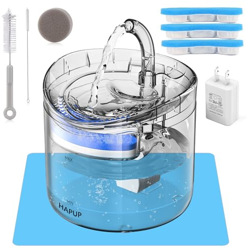 HAPUP Cat Water Fountain for Drinking 1.8L Automatic Pet Fountain with 3 Filters 1 Intelligent Pump 1 Cleaning Brush Kit 1 Silicone Food Mat 1 UK Adapter for Cats Puppy Indoor