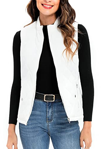 Xeoxarel White Vest for Women, Lightweight Puffer Padded Quilted Gilet with 4 Pockets XL