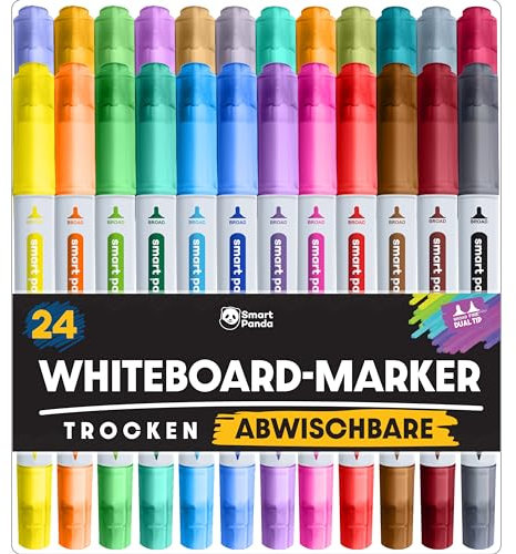 Whiteboard Marker von SmartPanda – Whiteboard Stifte, Folienstift Abwischbar - Doppelspitze, Medium und Fein – Abwischbare Stifte, non Permanent Marker, Whiteboardmarker – 24er Set