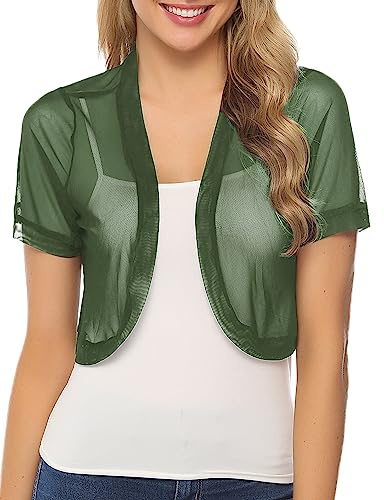 Aiboria Women Shrug Open Front Mesh Cropped Bolero Short Sleeve Sheer Cardigan Dark Green S-XXXL