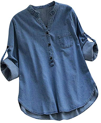 IQYU jeansskjorta damer långärmad midja – toppar damer stora storlekar eleganta damblusar vintage långblus ledig lång skjorta med knappslå långa toppar vintage jeansblus din skjorta blus blus blus skjorta, Ljusblå, XL