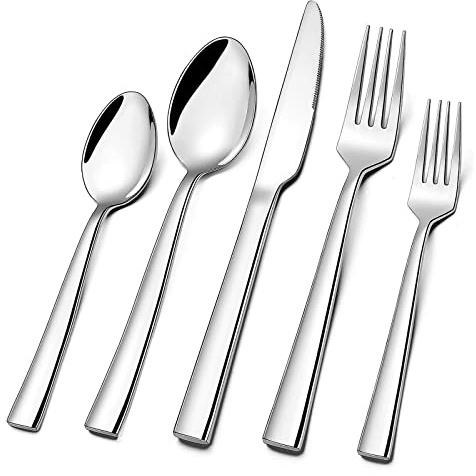 Silverware Set for 2, CXJY 10-Piece Stainless Steel Flatware Cutlery Set, Square Edge Kitchen Utensil Include Knives/Forks/Spoons, Tableware for Home/Hotel, Mirror Polished Dishwasher Safe