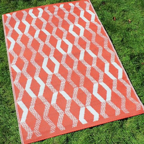 Fusion Terracotta Orange (120 x 170cm) Picnic Red Peach Beach Blanket-Geometric Outdoor Mat Patio/Balcony-Camping Garden Rug-Rico Collection, 100% Polypropylene