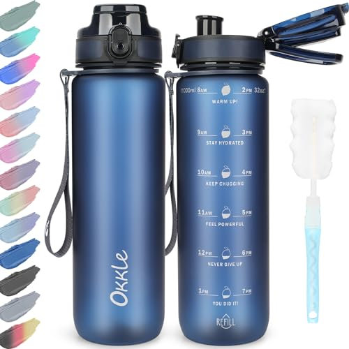 OKKLE Trinkflasche 1L BPA freie Wasserflasche mit Verschlussdeckel und auslaufsicher, geeignet für Fitnessstudio, Schule, Radfahren, Outdoor, Sport, Fitness