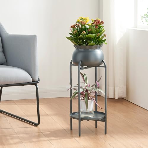 [en.casa] Stand Portapiante con Custodia Decorativa per Vaso e Piano Portavaso Rotondo Espositore Piante Fiori Piedistallo in Metallo 80,5 x 40 x 40 cm Nero