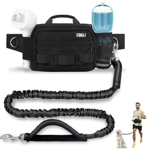 ETACCU Hands Free Dog Leash with Zipper Pouch, Waist Belt for Large Medium Dogs for Running, Walking, Jogging and Hiking, Dual Padded Handles and Durable Bungee - Black (1 Dog Black)