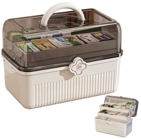 Medicinlåda stor – 3-lagers hushållslåda, bärbar medicinförvaring (29,5 × 20,5 × 19 cm) fuktskyddad med handtag, första hjälpen-set, multifunktionsorganisatör för piller