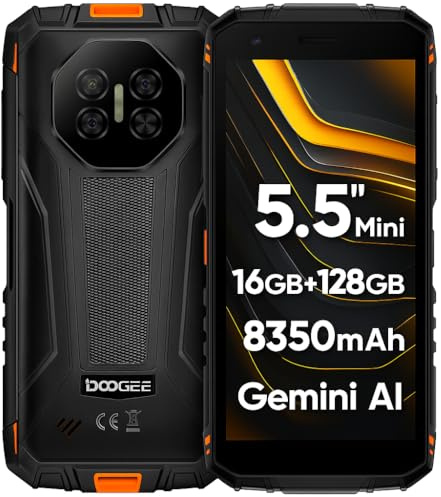 DOOGEE Mini Smartphone Rugged Fire 3 Pro, 5,5 HD+, Corpo Compatto+Facile da Impugnare, 16GB+128GB(2TB SD), 8350mAh Batteria a Lunga Durata, AI Gemini, 16MP+8MP, Cellulare Antiurto, NFC, Arancione
